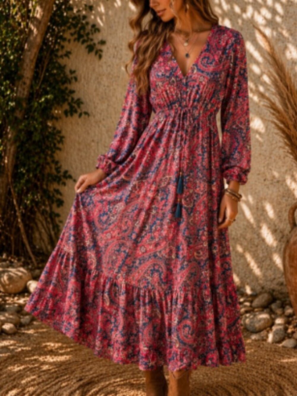 Boemo Anthropologie Paisley Maxi Dress Boho Long Sleeve MP Petite
